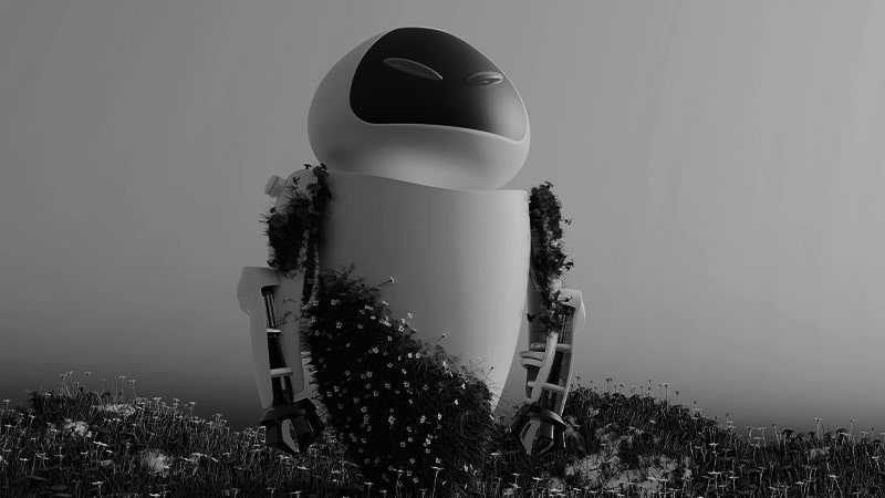 A peaceful robot stands on a meadow